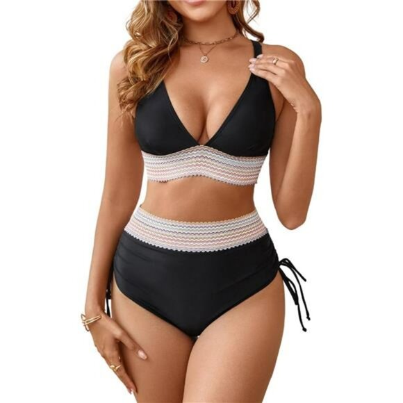 Colorful Striped Bikini Set High Waisted Ruched Tie Side Two Piece Swimwear - Picture 1 of 7